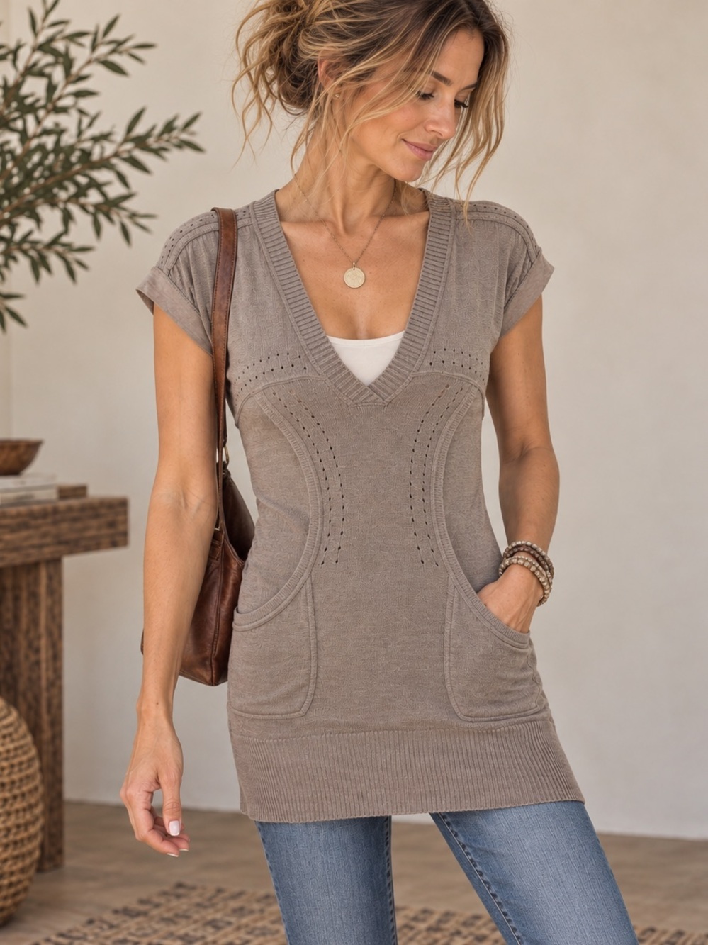 Armani Exchange Fitted V-Neck Knit Tunic